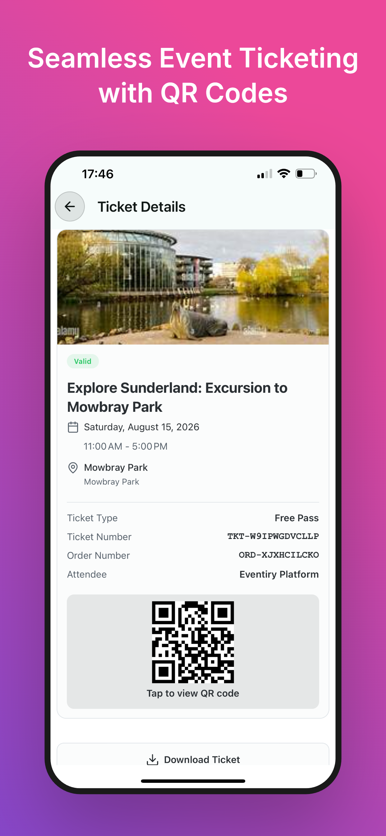 Eventsona app — ticket details with QR code